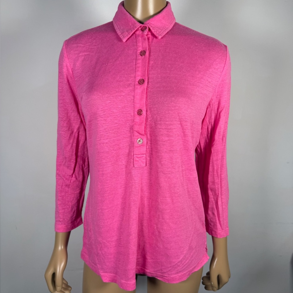 J. McLaughlin Women's Size Medium Pink Linen Blend Collared Polo Shirt Top